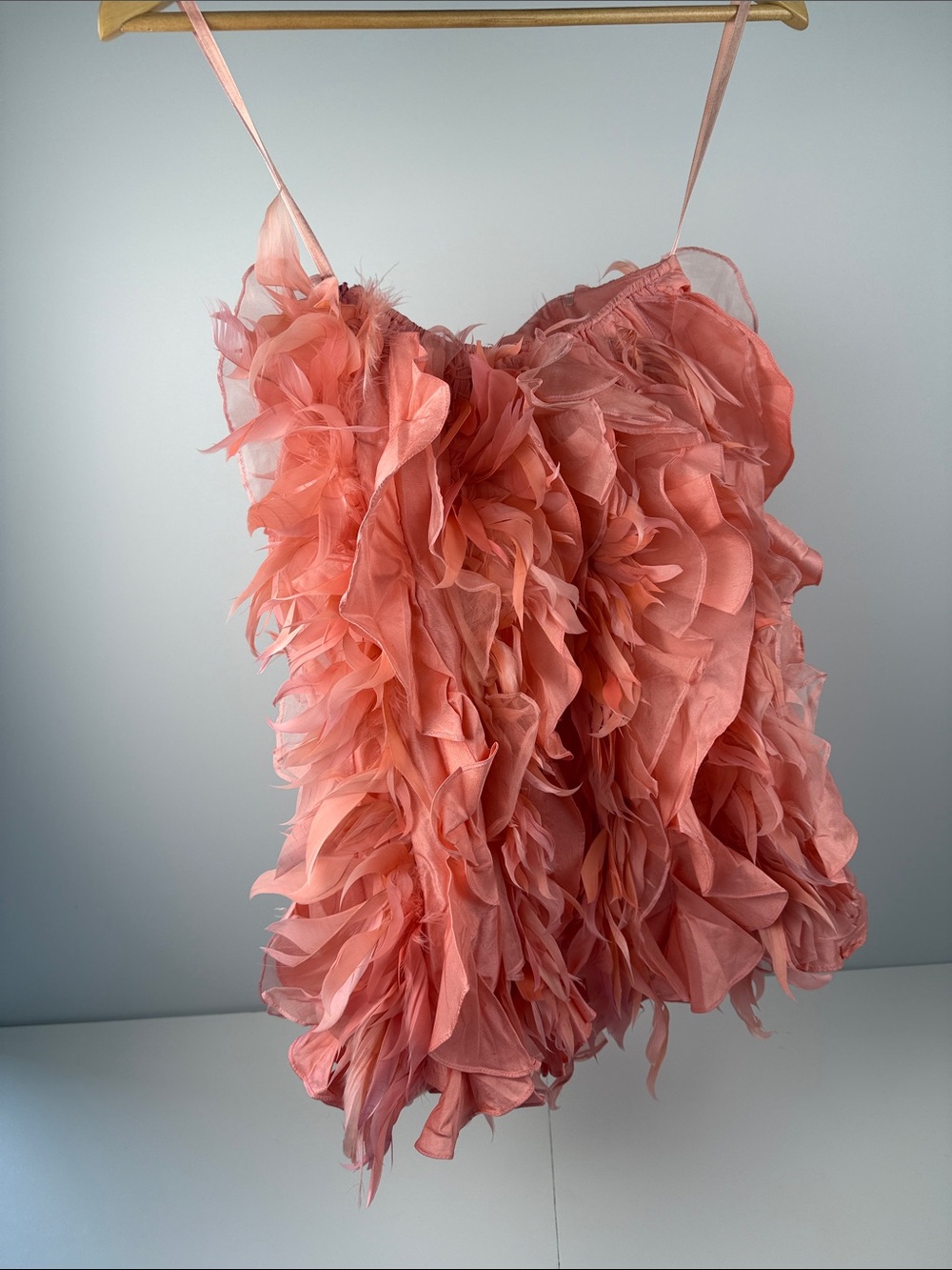 Silk Coral Feathered Short Mini Dress - Picture 4 of 11